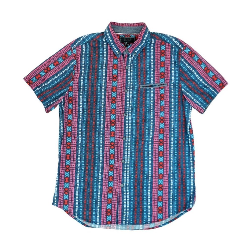 21 Men Shirt Medium Blue Red Button Down Classic Fit Short Sleeve Striped pocket